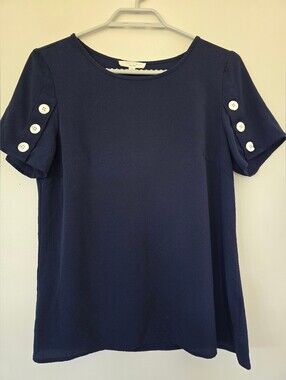 Women’s Navy Short Sleeve Top with Button-Sleeve Detail. Size Small.